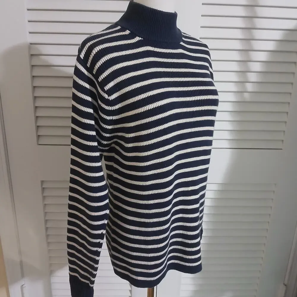 GAP Medium 100% Cotton Mock-Neck Blue/Cream Striped Tunic Sweater Ribbed Cuff